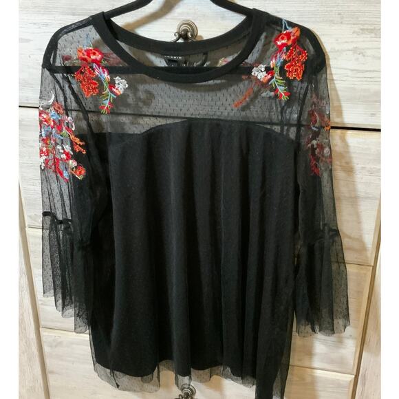 Torrid Black Lace Top - Red Flower Embroidary Detail - Size 1/1X - Picture 1 of 3